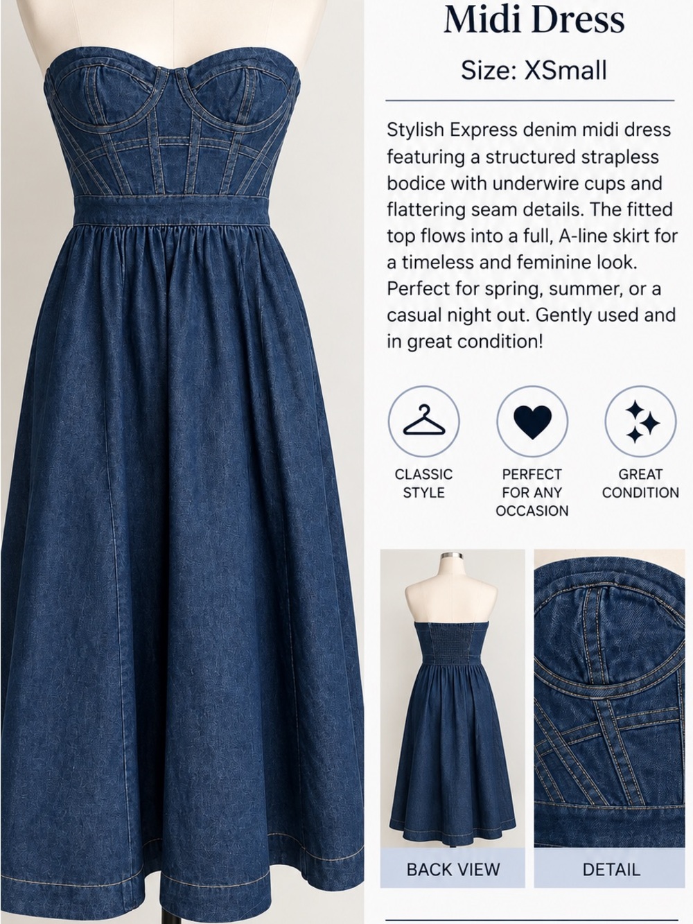 Express Strapless Denim Midi Dress in Dark Blue